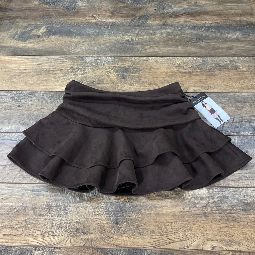 Emerson Lang Brown Faux Suede Tiered Mini Skirt Ruched Waist Size M NWT Skort